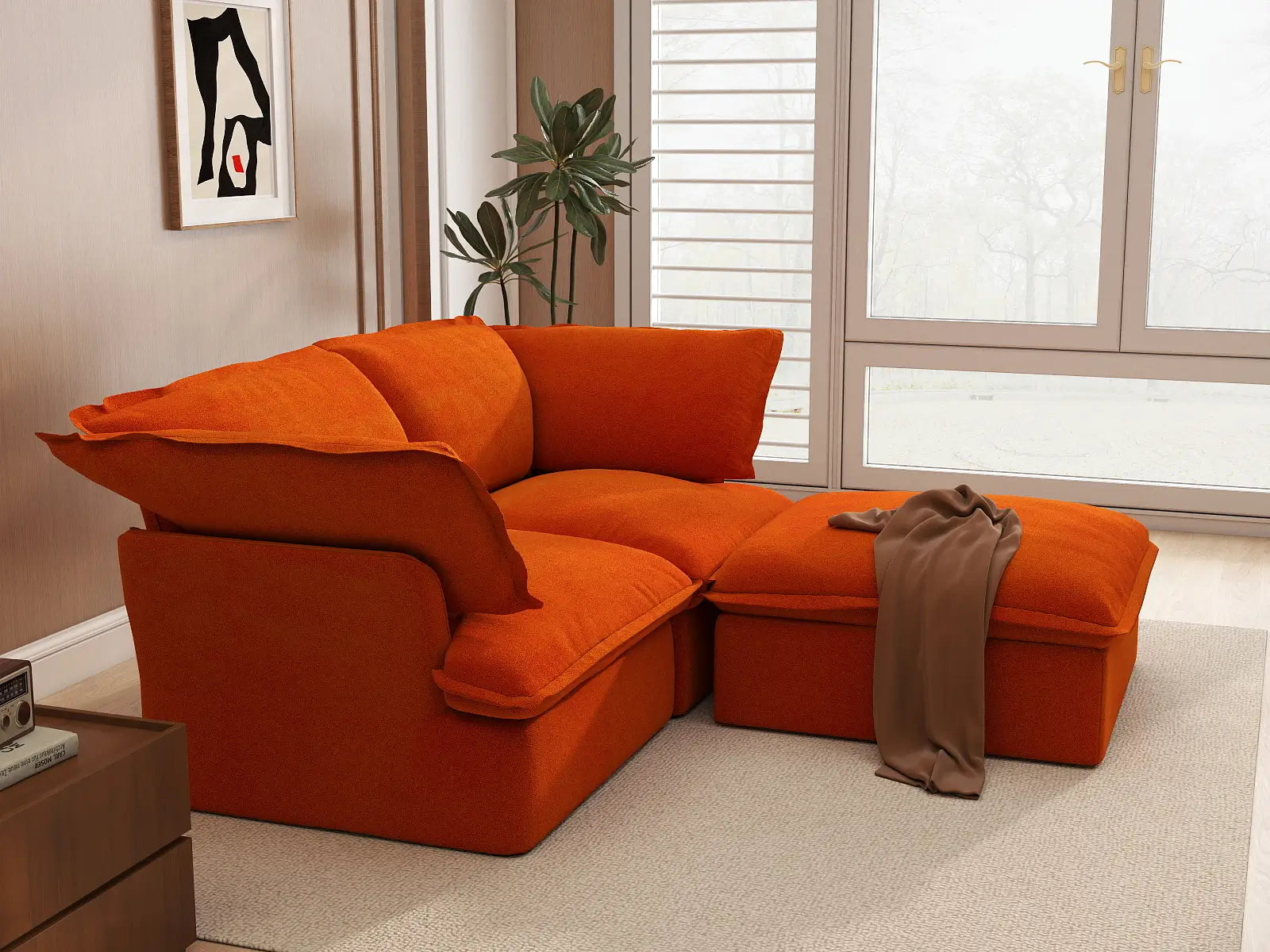 Seccional Chaise Deluxe Cloud Orange de 2 plazas | 3 piezas (incluye 1 otomana), tela de terciopelo, otomana con almacenamiento