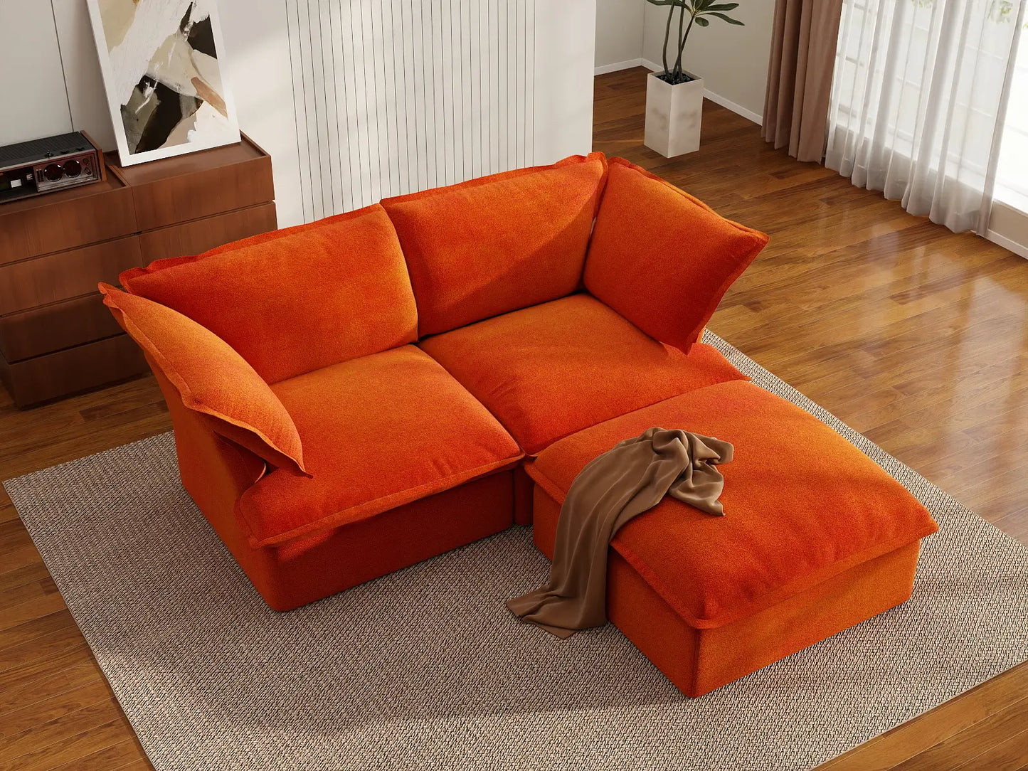 Seccional Chaise Deluxe Cloud Orange de 2 plazas | 3 piezas (incluye 1 otomana), tela de terciopelo, otomana con almacenamiento