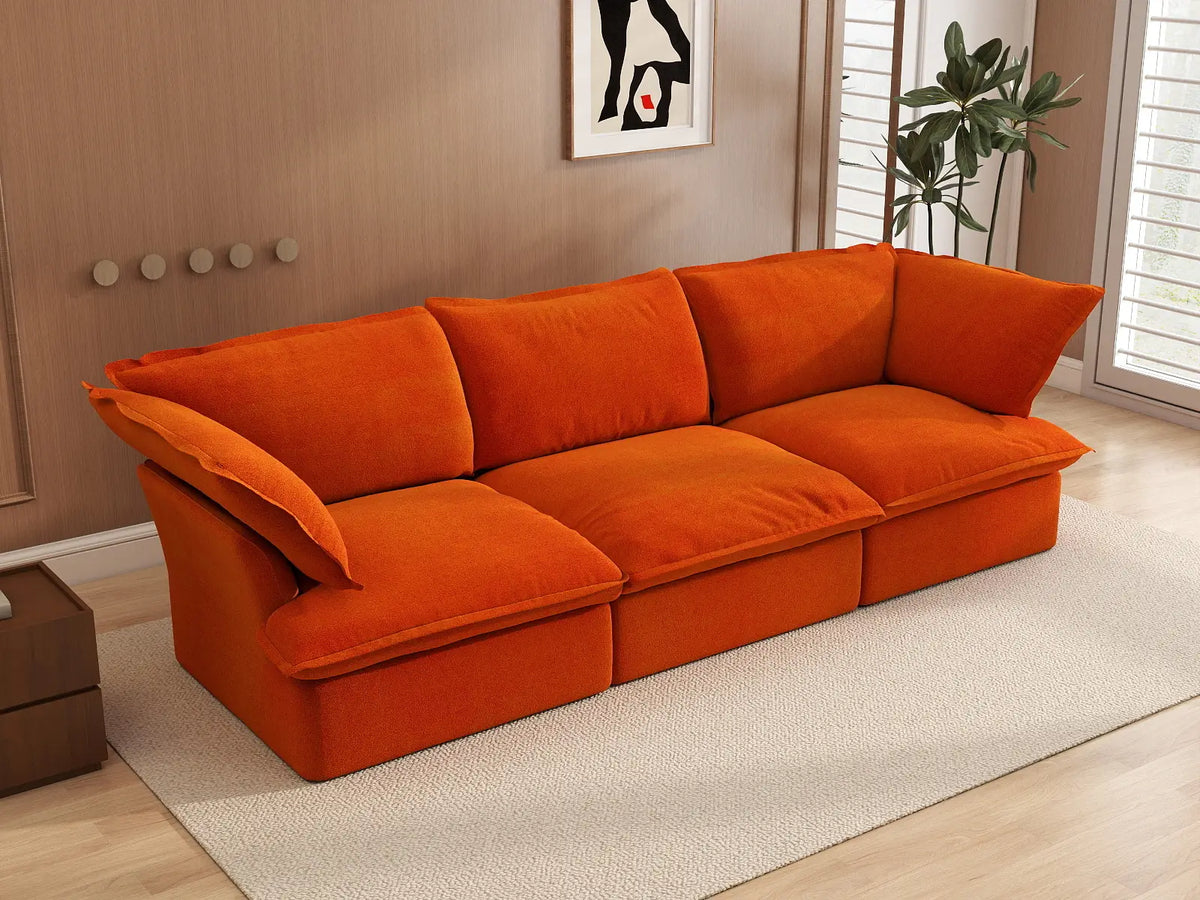 Deluxe Cloud Orange 3-Seater Modular Couch Sectional | 3-Piece, Velvet Fabric, Washable Covers