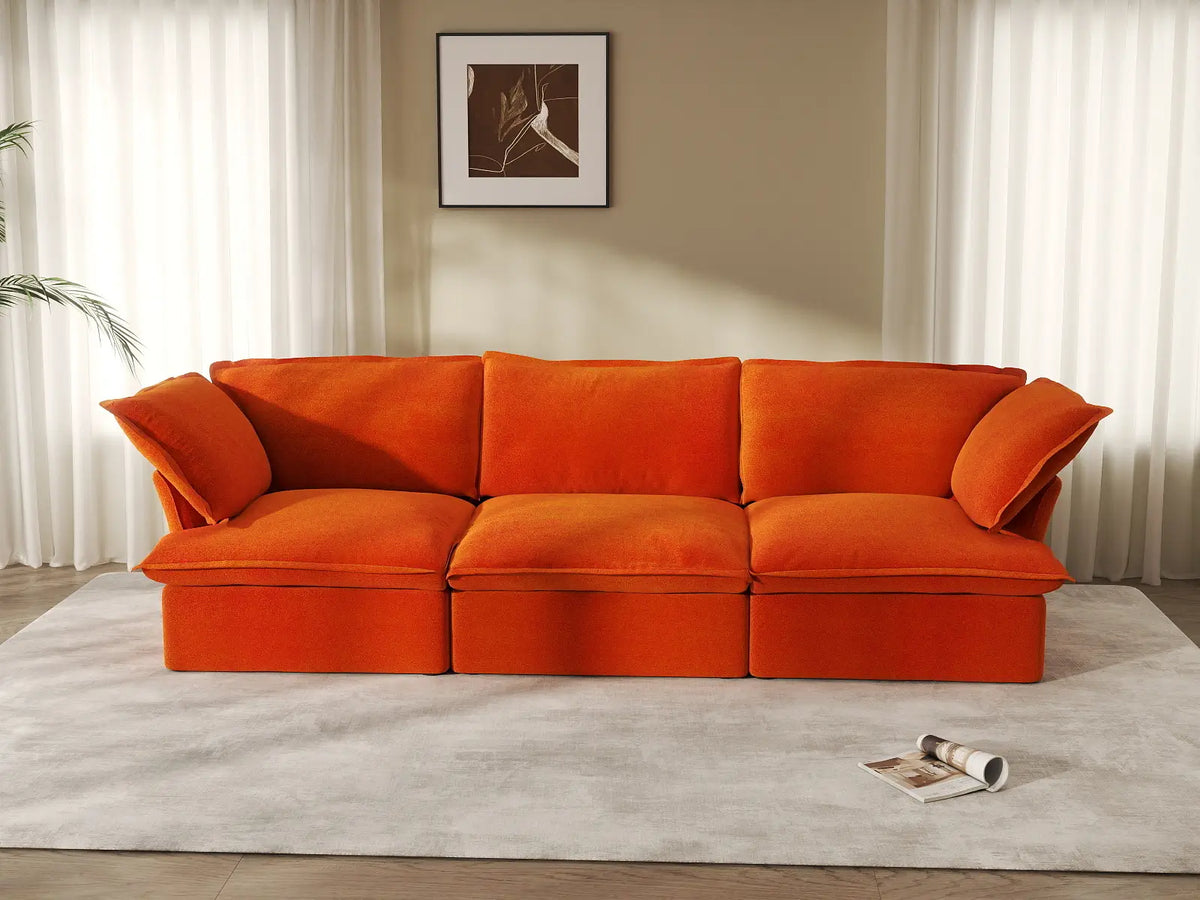Deluxe Cloud Orange 3-Seater Modular Couch Sectional | 3-Piece, Velvet Fabric, Washable Covers