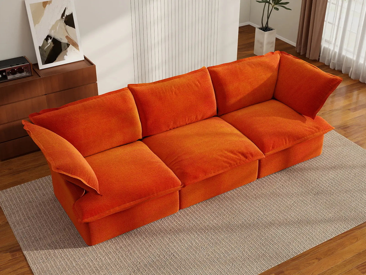 Deluxe Cloud Orange 3-Seater Modular Couch Sectional | 3-Piece, Velvet Fabric, Washable Covers