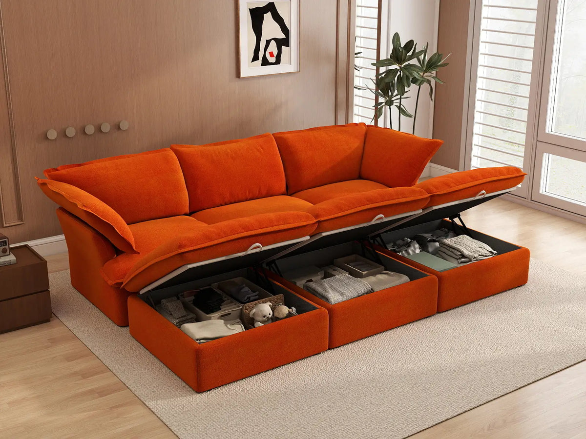 Sofá modular seccional de 3 plazas Deluxe Cloud Orange | 6 piezas (incluye 3 pufs), tapizado en terciopelo, puf con almacenamiento