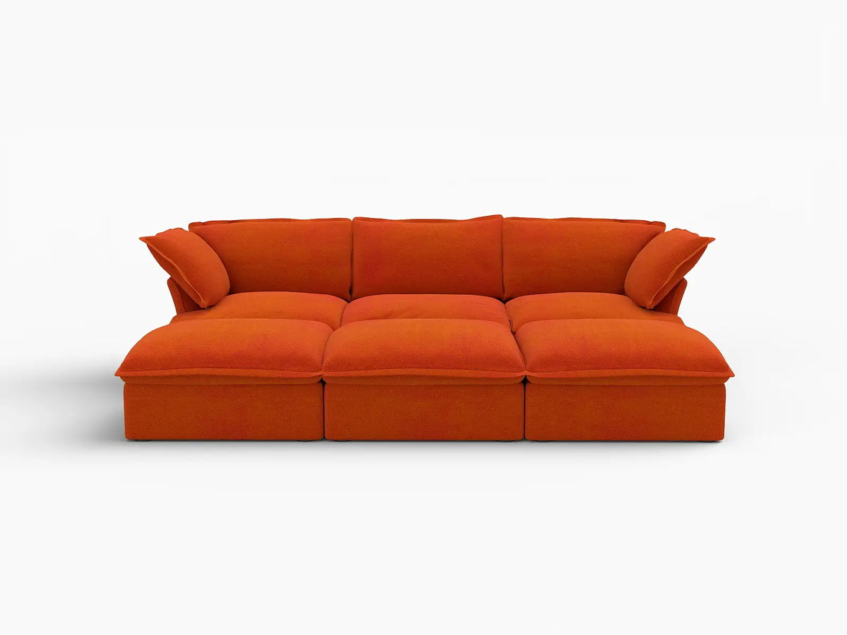 Sofá modular seccional de 3 plazas Deluxe Cloud Orange | 6 piezas (incluye 3 pufs), tapizado en terciopelo, puf con almacenamiento