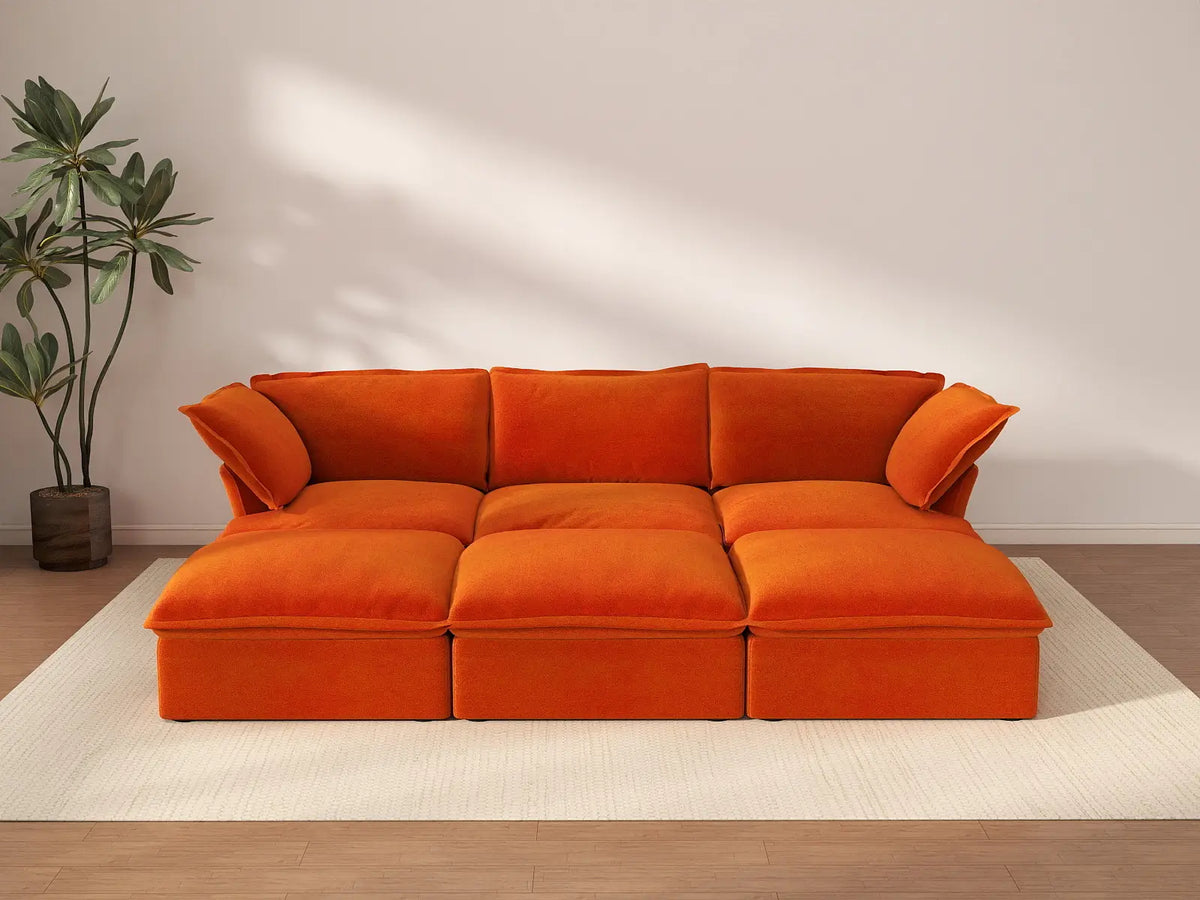 Sofá modular seccional de 3 plazas Deluxe Cloud Orange | 6 piezas (incluye 3 pufs), tapizado en terciopelo, puf con almacenamiento