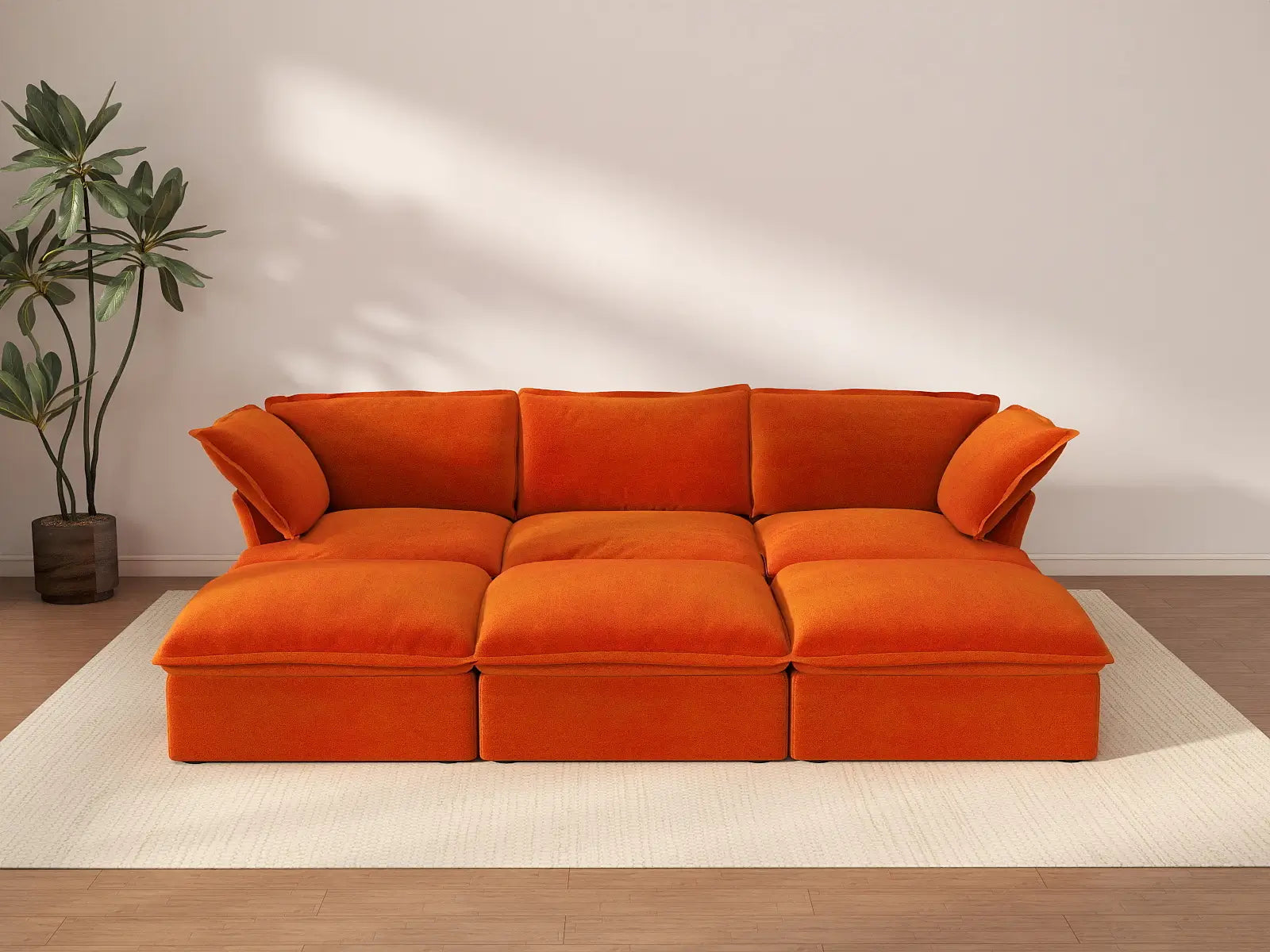 Sofá modular seccional de 3 plazas Deluxe Cloud Orange | 6 piezas (incluye 3 pufs), tapizado en terciopelo, puf con almacenamiento