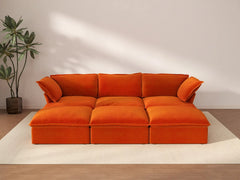 Sofá modular seccional de 3 plazas Deluxe Cloud Orange | 6 piezas (incluye 3 pufs), tapizado en terciopelo, puf con almacenamiento