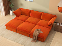 Sofá modular seccional de 3 plazas Deluxe Cloud Orange | 6 piezas (incluye 3 pufs), tapizado en terciopelo, puf con almacenamiento