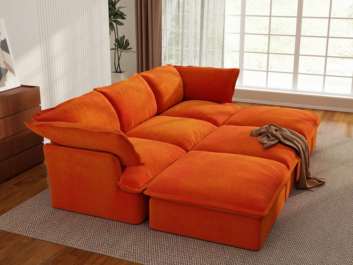 Sofá modular seccional de 3 plazas Deluxe Cloud Orange | 6 piezas (incluye 3 pufs), tapizado en terciopelo, puf con almacenamiento