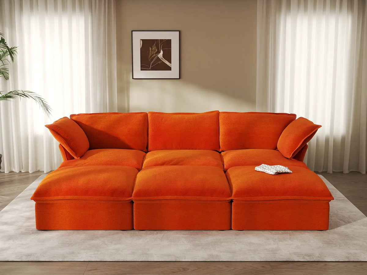 Sofá modular seccional de 3 plazas Deluxe Cloud Orange | 6 piezas (incluye 3 pufs), tapizado en terciopelo, puf con almacenamiento