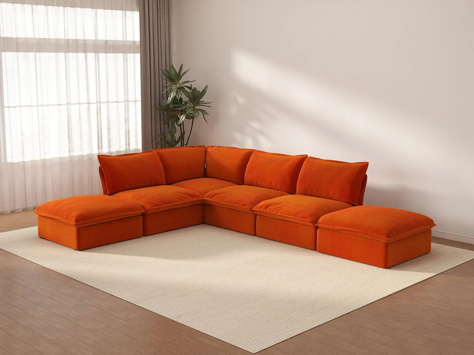 Sofá de lujo Cloud Naranja de 4 plazas en forma de L de gran tamaño | 6 piezas (incluye 2 otomanas), tela de terciopelo, otomana con almacenamiento