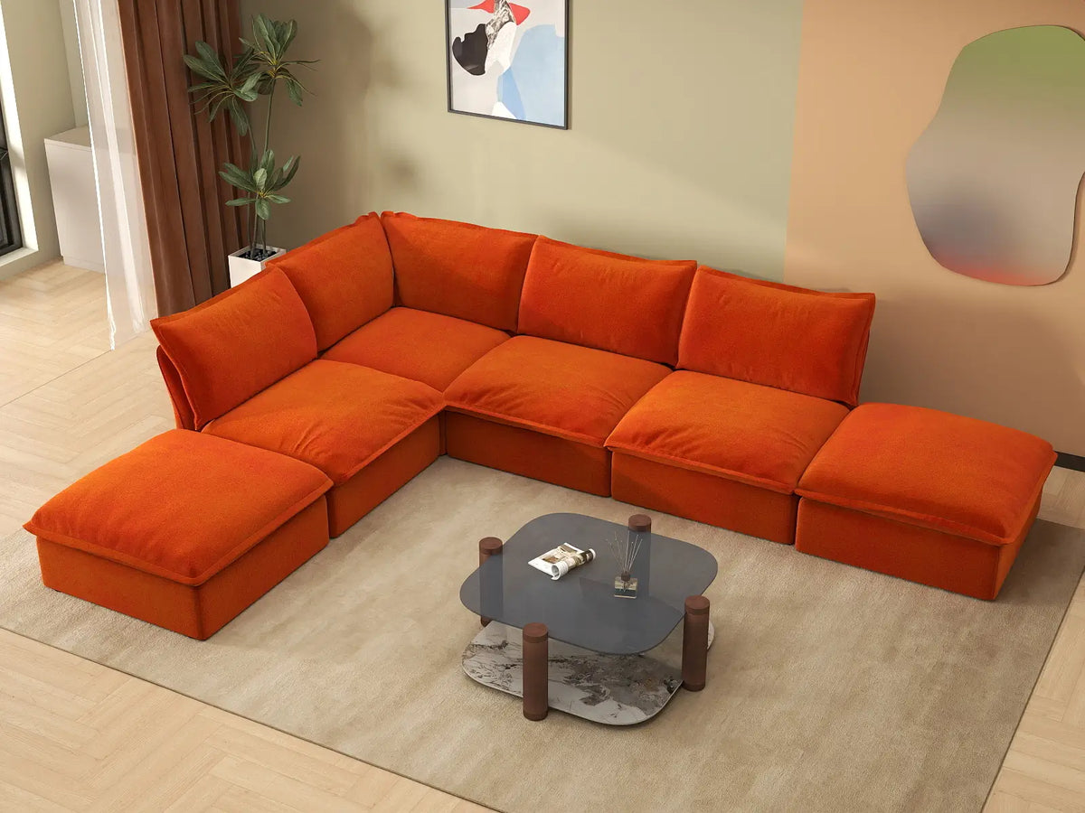 Sofá de lujo Cloud Naranja de 4 plazas en forma de L de gran tamaño | 6 piezas (incluye 2 otomanas), tela de terciopelo, otomana con almacenamiento