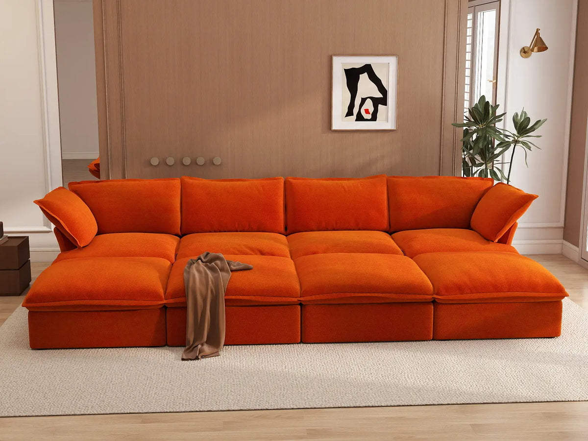 Deluxe Cloud Orange 4-Seater Pit Sectional with Storage | 8-Piece (includes 4 ottomans), Velvet Fabric, Washable Covers