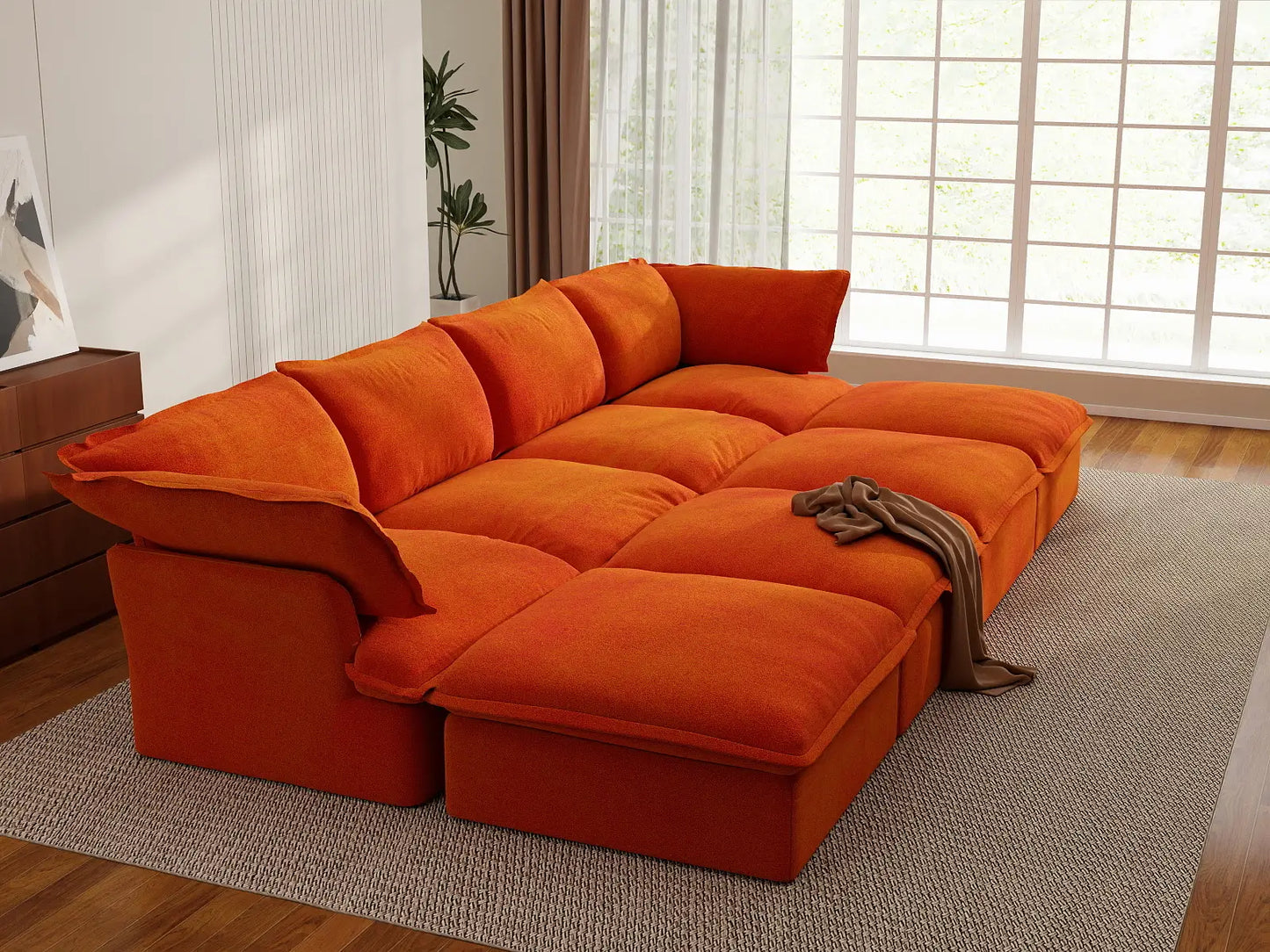 Deluxe Cloud Orange 4-Seater Pit Sectional with Storage | 8-Piece (includes 4 ottomans), Velvet Fabric, Washable Covers