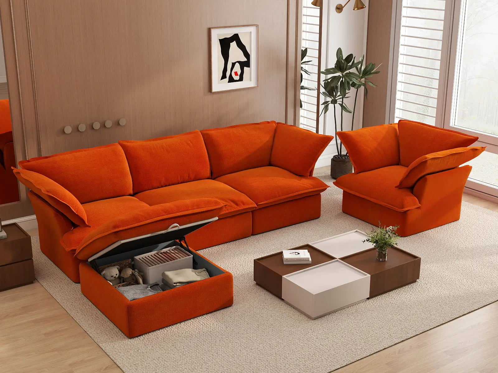 Deluxe Cloud Orange 4-Seater Sofa with Storage | 5-Piece (includes 1 ottoman), Velvet Fabric, Washable Covers