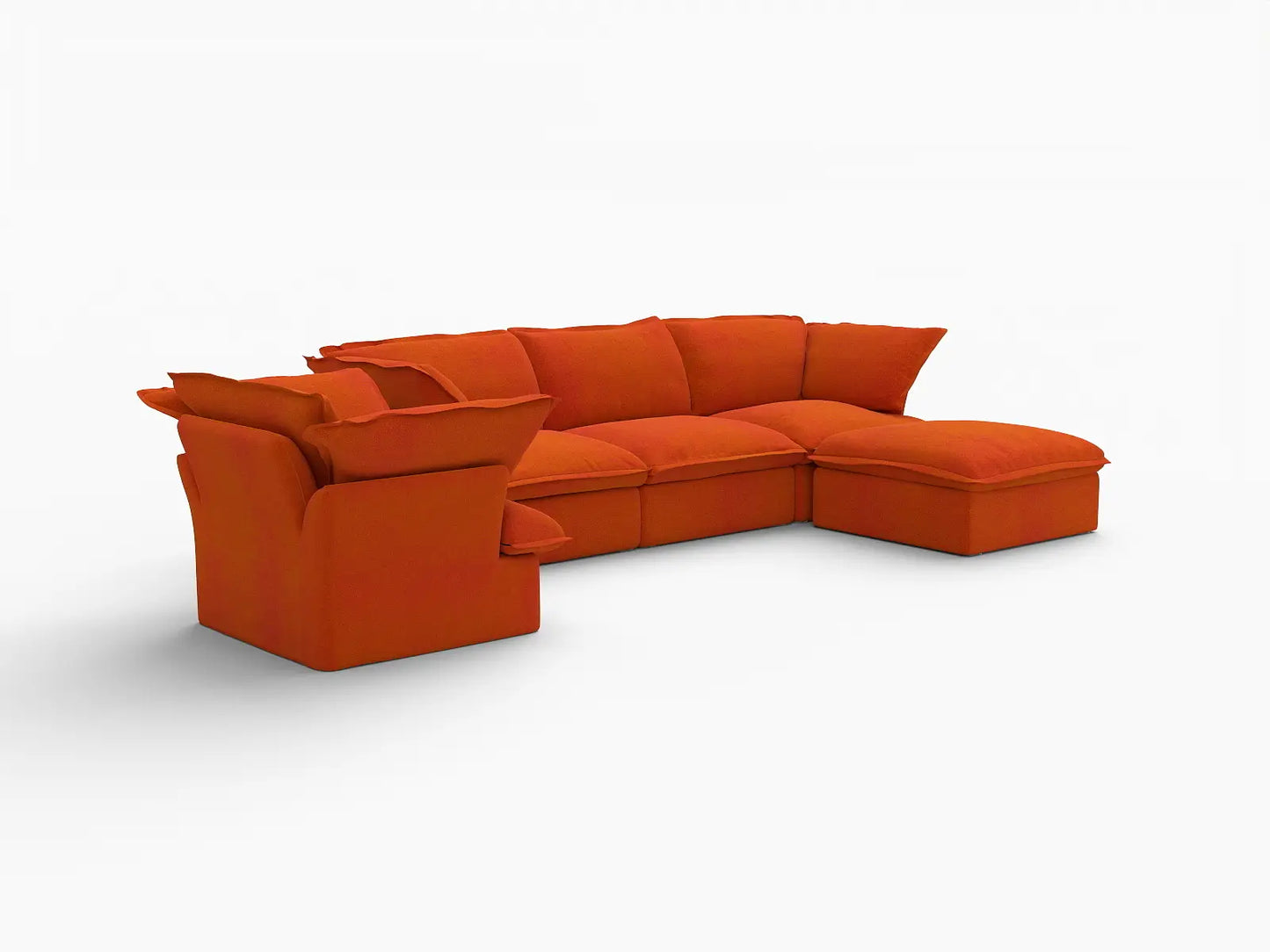 Deluxe Cloud Orange 4-Seater Sofa with Storage | 5-Piece (includes 1 ottoman), Velvet Fabric, Washable Covers