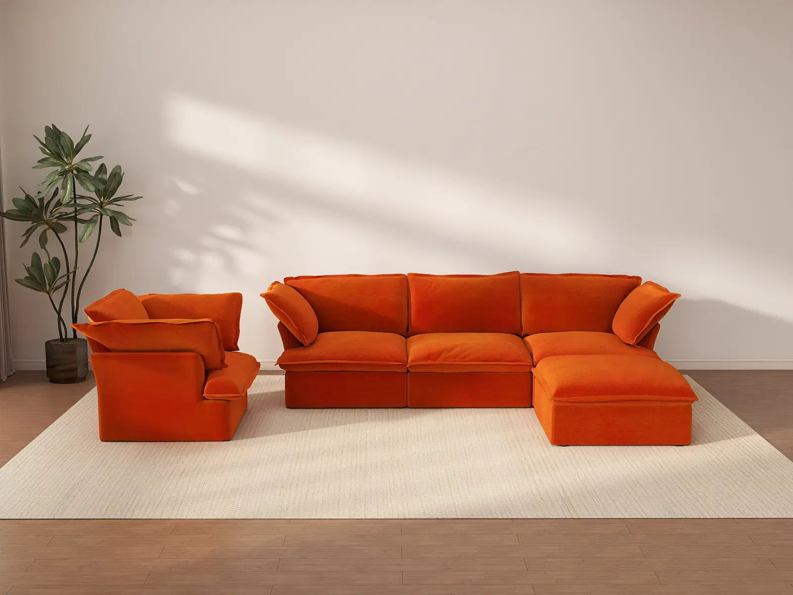 Deluxe Cloud Orange 4-Seater Sofa with Storage | 5-Piece (includes 1 ottoman), Velvet Fabric, Washable Covers