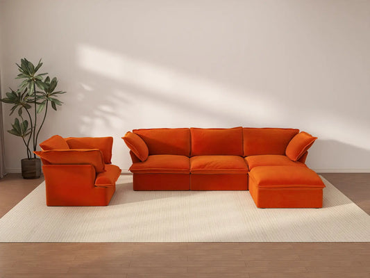 Sofá de 4 plazas Deluxe Cloud Orange con almacenamiento | 5 piezas (incluye 1 otomana), tela de terciopelo, fundas lavables