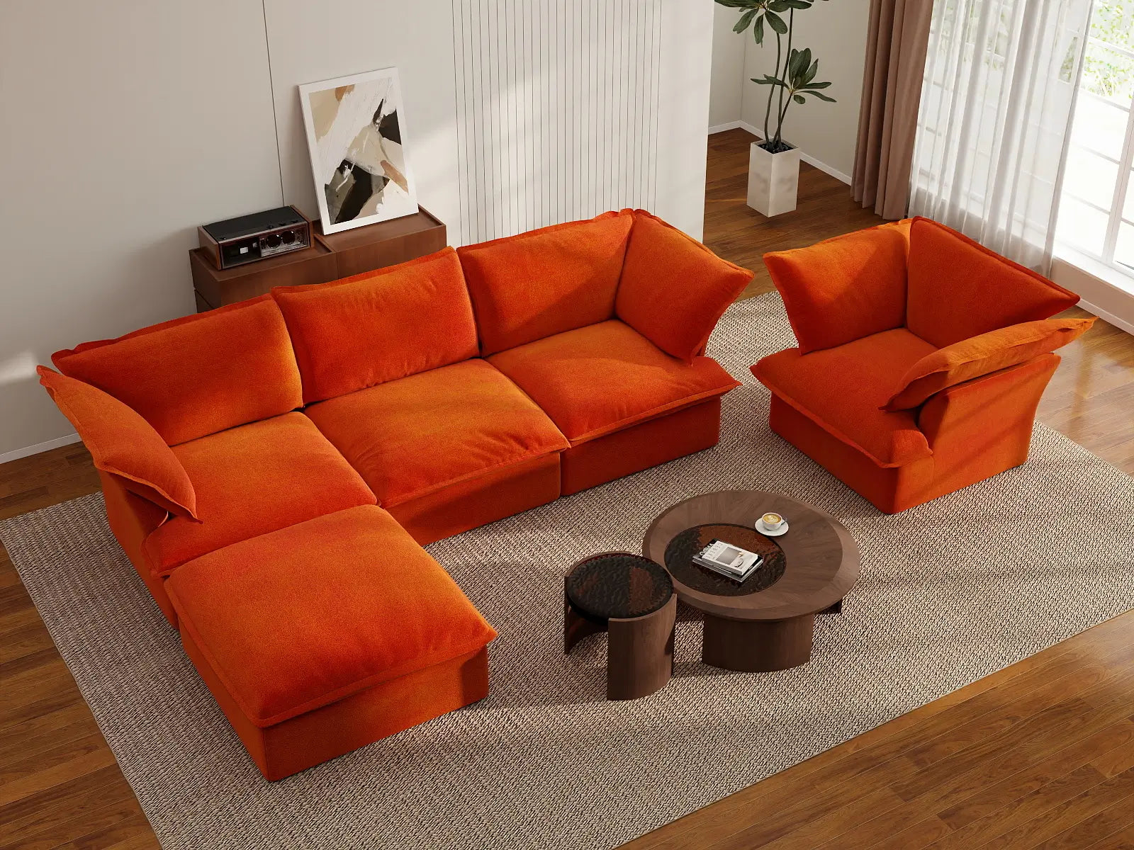 Deluxe Cloud Orange 4-Seater Sofa with Storage | 5-Piece (includes 1 ottoman), Velvet Fabric, Washable Covers