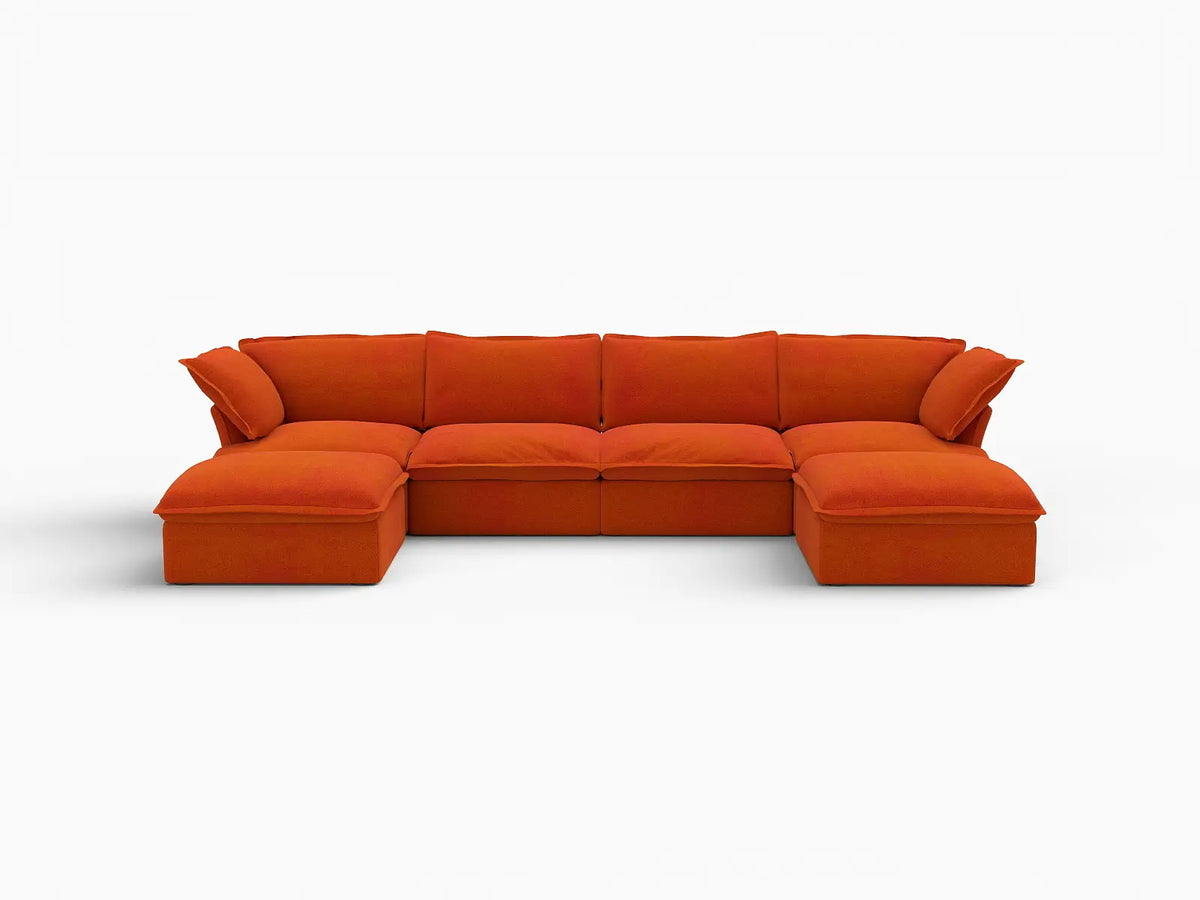 Sofá de almacenamiento Deluxe Cloud Orange de 4 plazas en forma de U | 6 piezas (incluye 2 otomanas), tela de terciopelo, fundas lavables