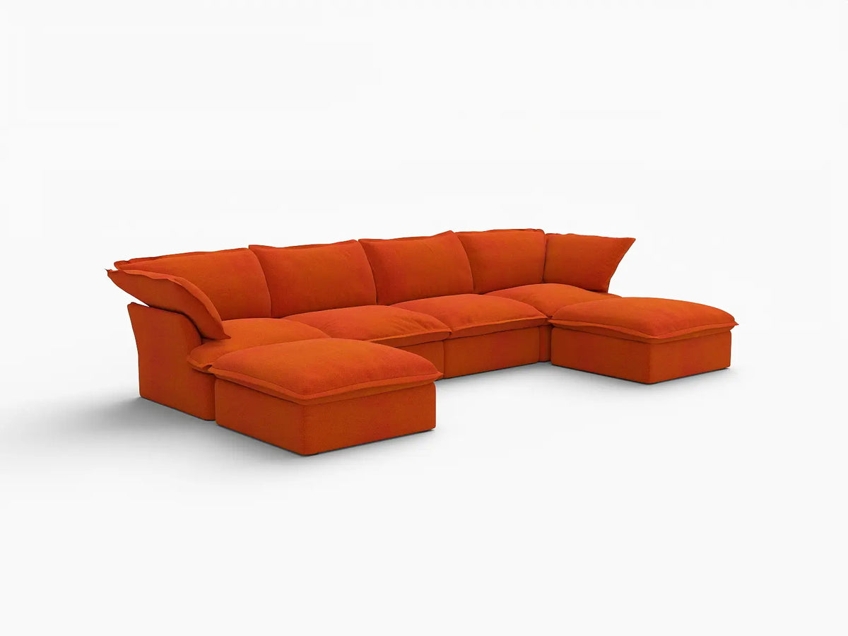 Sofá de almacenamiento Deluxe Cloud Orange de 4 plazas en forma de U | 6 piezas (incluye 2 otomanas), tela de terciopelo, fundas lavables