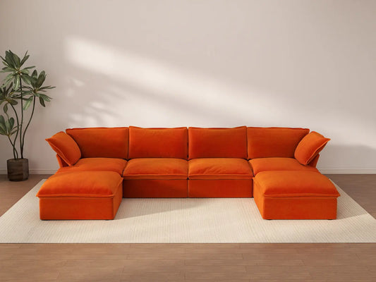 Sofá de almacenamiento Deluxe Cloud Orange de 4 plazas en forma de U | 6 piezas (incluye 2 otomanas), tela de terciopelo, fundas lavables
