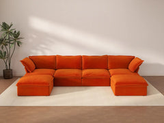 Sofá de almacenamiento Deluxe Cloud Orange de 4 plazas en forma de U | 6 piezas (incluye 2 otomanas), tela de terciopelo, fundas lavables