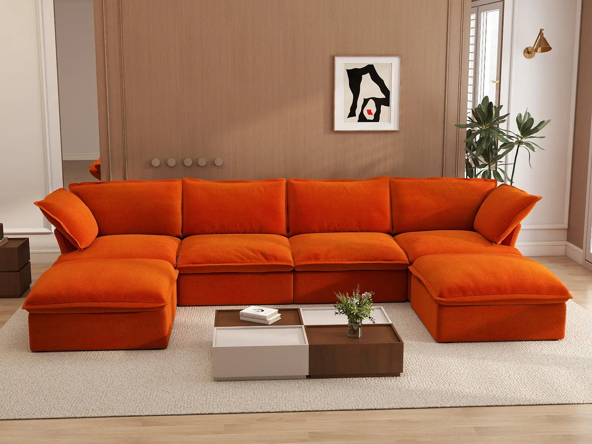 Sofá de almacenamiento Deluxe Cloud Orange de 4 plazas en forma de U | 6 piezas (incluye 2 otomanas), tela de terciopelo, fundas lavables