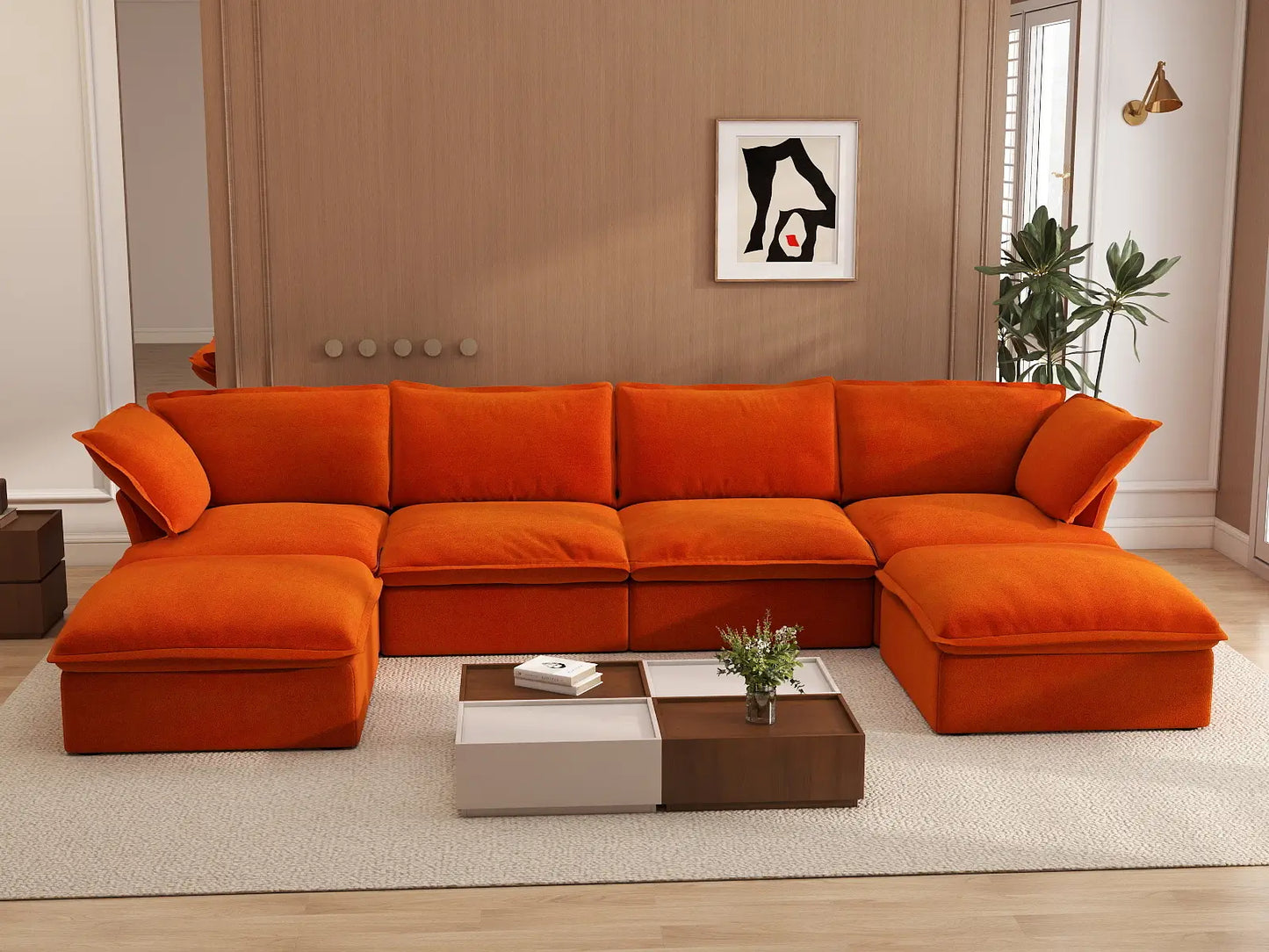 Sofá de almacenamiento Deluxe Cloud Orange de 4 plazas en forma de U | 6 piezas (incluye 2 otomanas), tela de terciopelo, fundas lavables
