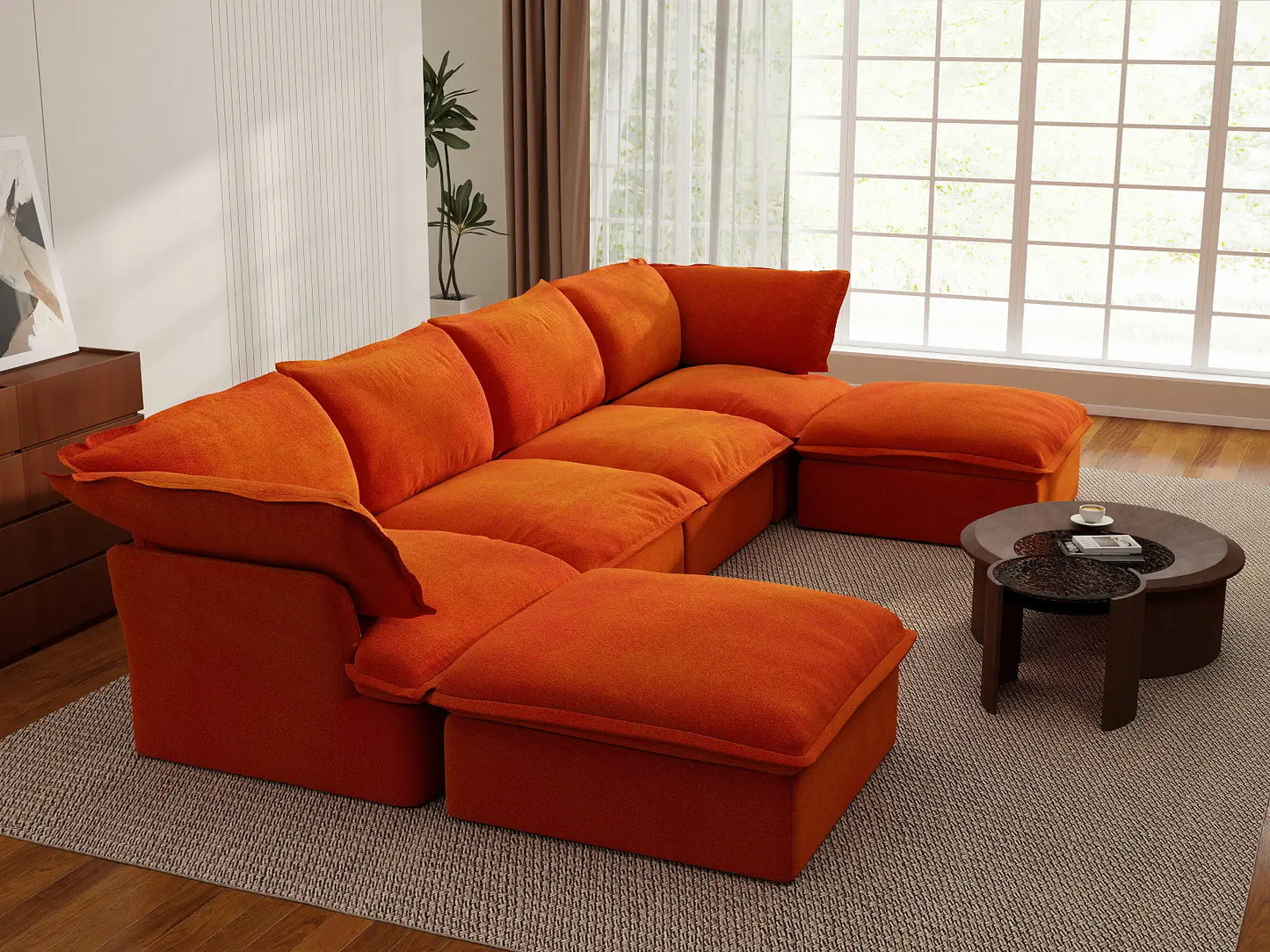 Sofá de almacenamiento Deluxe Cloud Orange de 4 plazas en forma de U | 6 piezas (incluye 2 otomanas), tela de terciopelo, fundas lavables