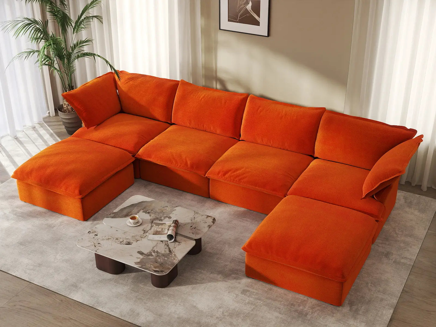 Sofá de almacenamiento Deluxe Cloud Orange de 4 plazas en forma de U | 6 piezas (incluye 2 otomanas), tela de terciopelo, fundas lavables