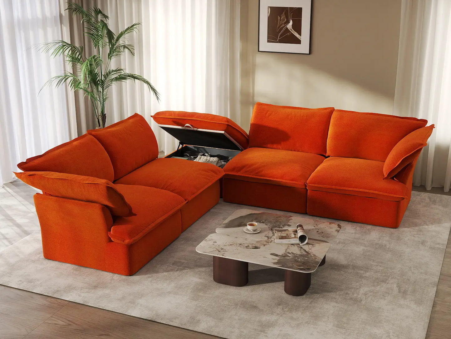 Sofá Deluxe Cloud Naranja en forma de V de 4 plazas con almacenamiento | 5 piezas (incluye 1 otomana), tela de terciopelo, fundas lavables