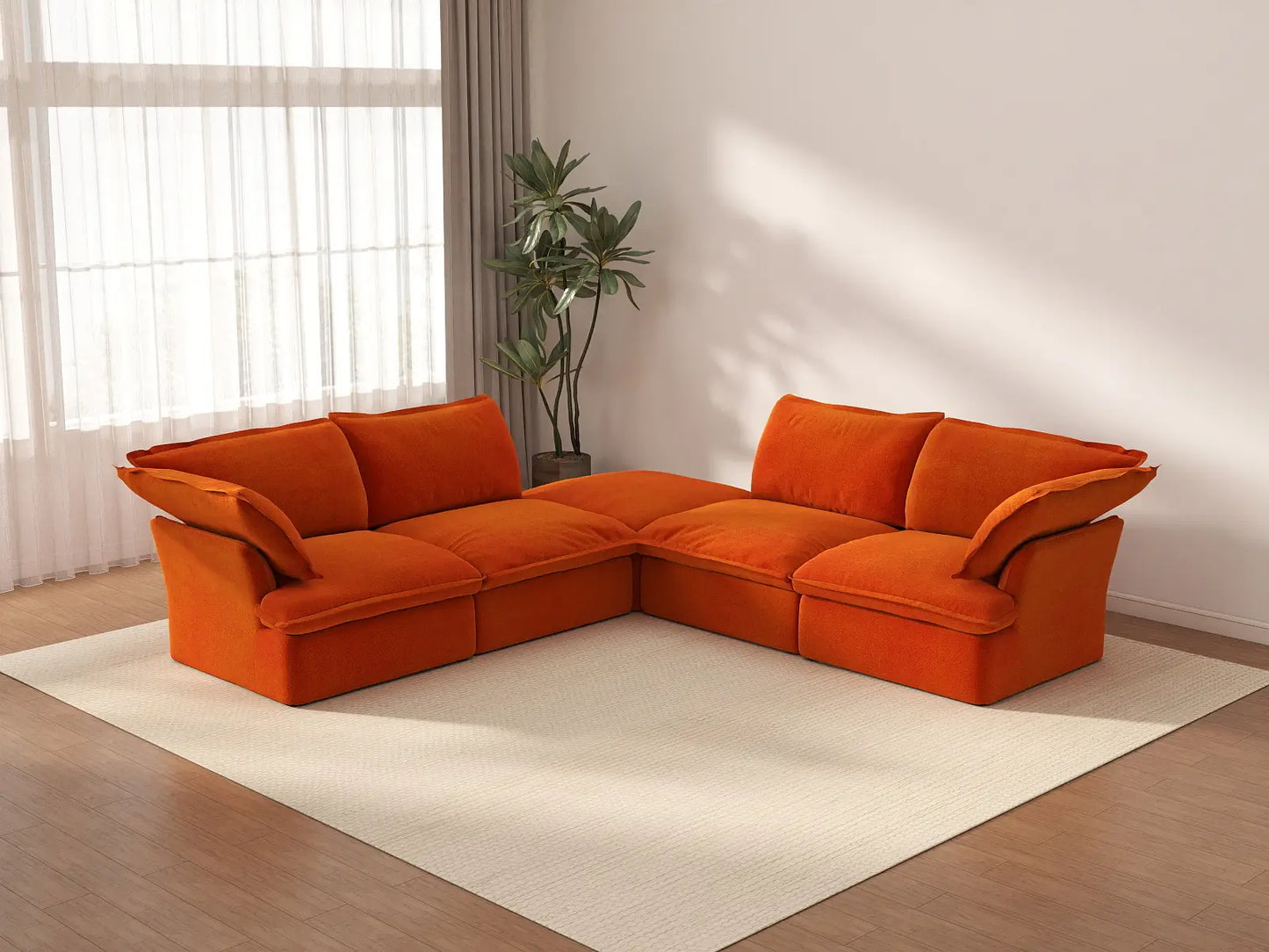 Sofá Deluxe Cloud Naranja en forma de V de 4 plazas con almacenamiento | 5 piezas (incluye 1 otomana), tela de terciopelo, fundas lavables