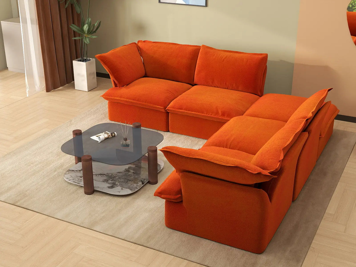 Sofá Deluxe Cloud Naranja en forma de V de 4 plazas con almacenamiento | 5 piezas (incluye 1 otomana), tela de terciopelo, fundas lavables
