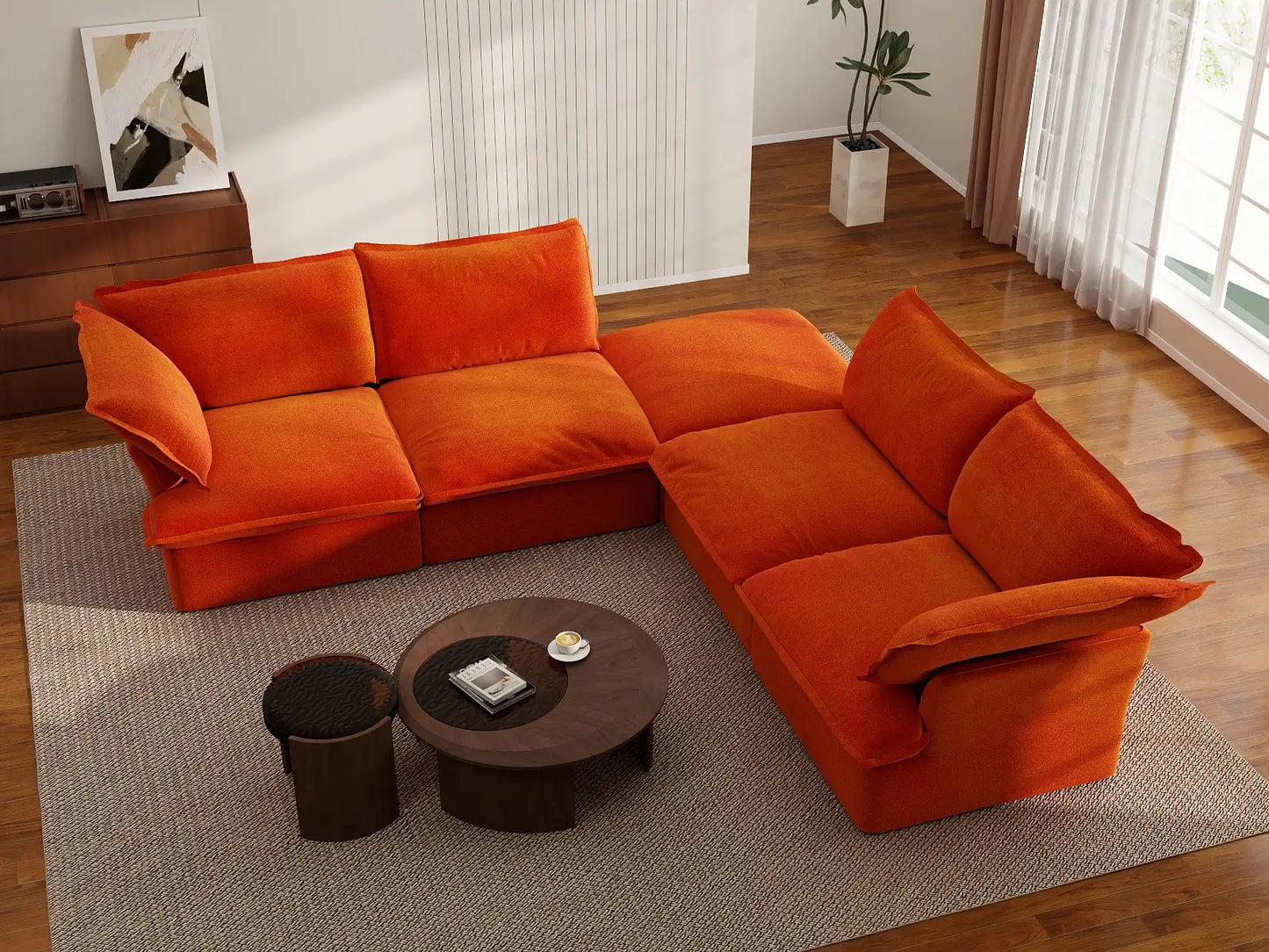 Sofá Deluxe Cloud Naranja en forma de V de 4 plazas con almacenamiento | 5 piezas (incluye 1 otomana), tela de terciopelo, fundas lavables