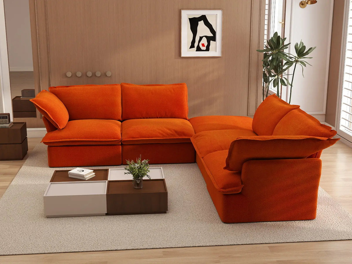 Sofá Deluxe Cloud Naranja en forma de V de 4 plazas con almacenamiento | 5 piezas (incluye 1 otomana), tela de terciopelo, fundas lavables