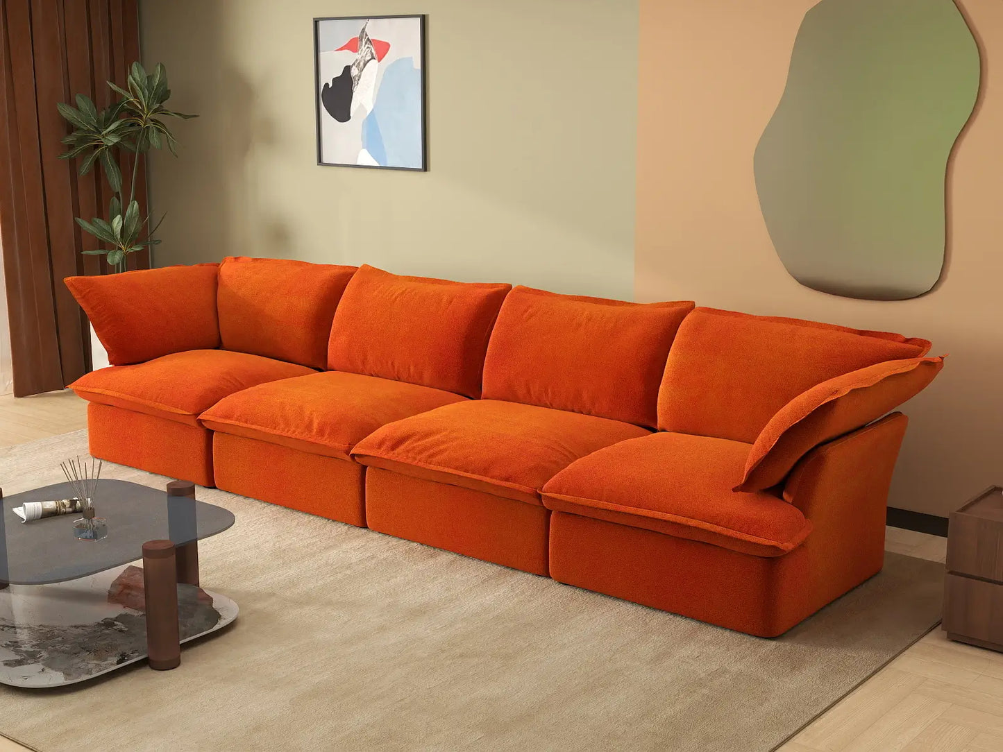 Sofá Seccional Naranja Nube de Lujo de 4 Plazas Lavable | 4 Piezas, Tela de Terciopelo, Espacio Grande
