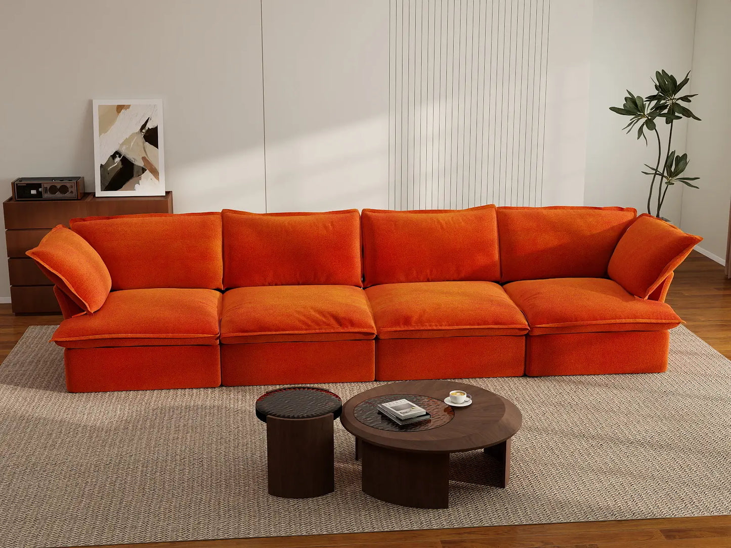 Sofá Seccional Naranja Nube de Lujo de 4 Plazas Lavable | 4 Piezas, Tela de Terciopelo, Espacio Grande