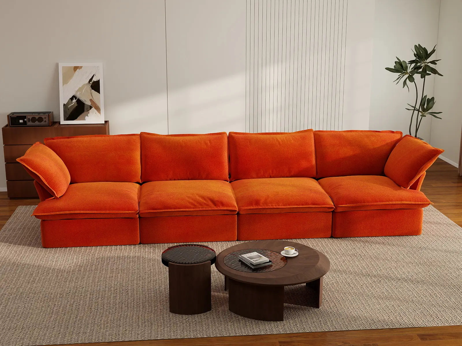 Deluxe Cloud Orange 4-Seater Washable Couch Sectional | 4-Piece, Velvet Fabric, Large Space