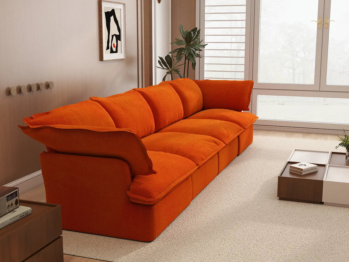 Sofá Seccional Naranja Nube de Lujo de 4 Plazas Lavable | 4 Piezas, Tela de Terciopelo, Espacio Grande