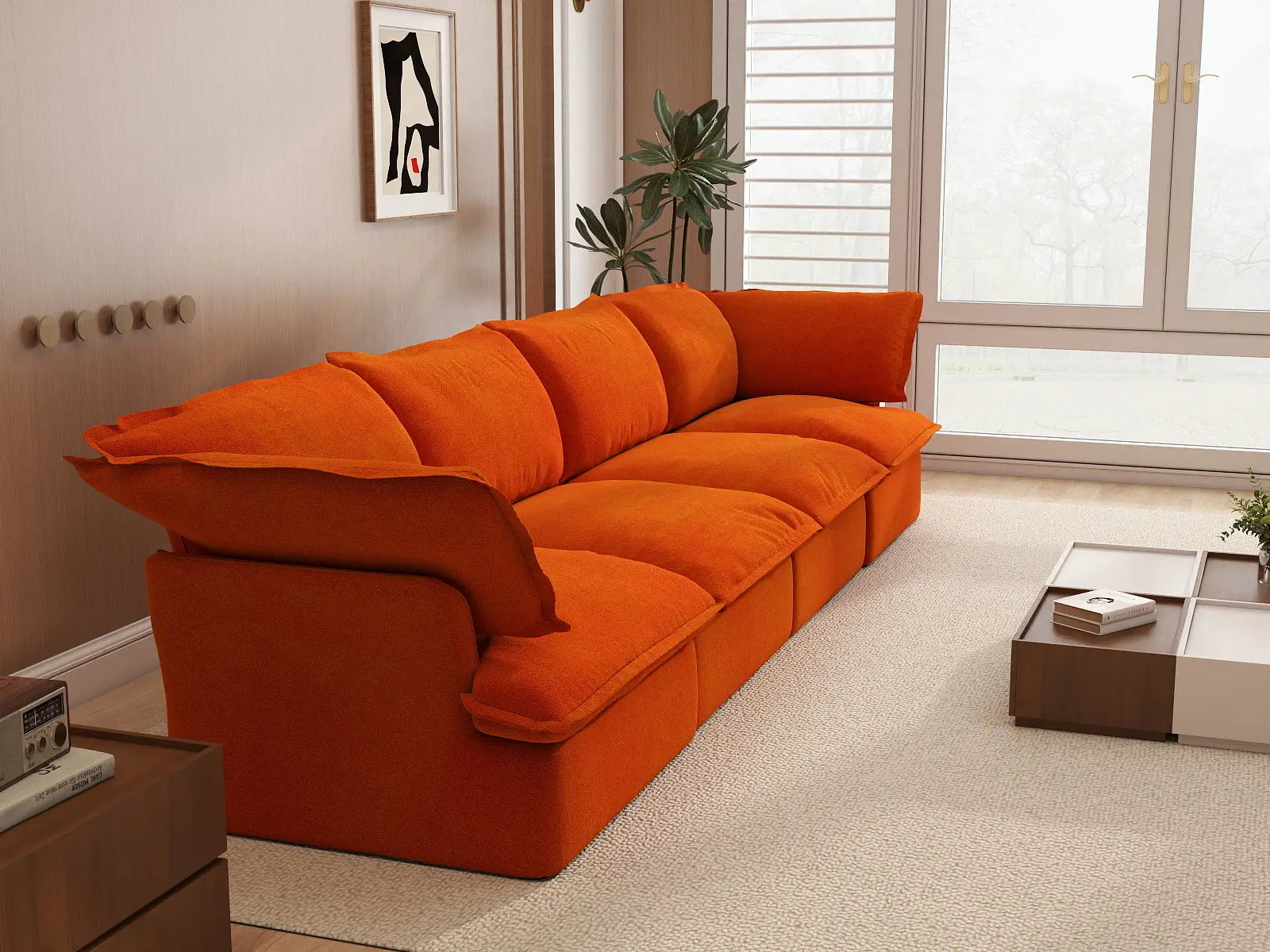 Deluxe Cloud Orange 4-Seater Washable Couch Sectional | 4-Piece, Velvet Fabric, Large Space