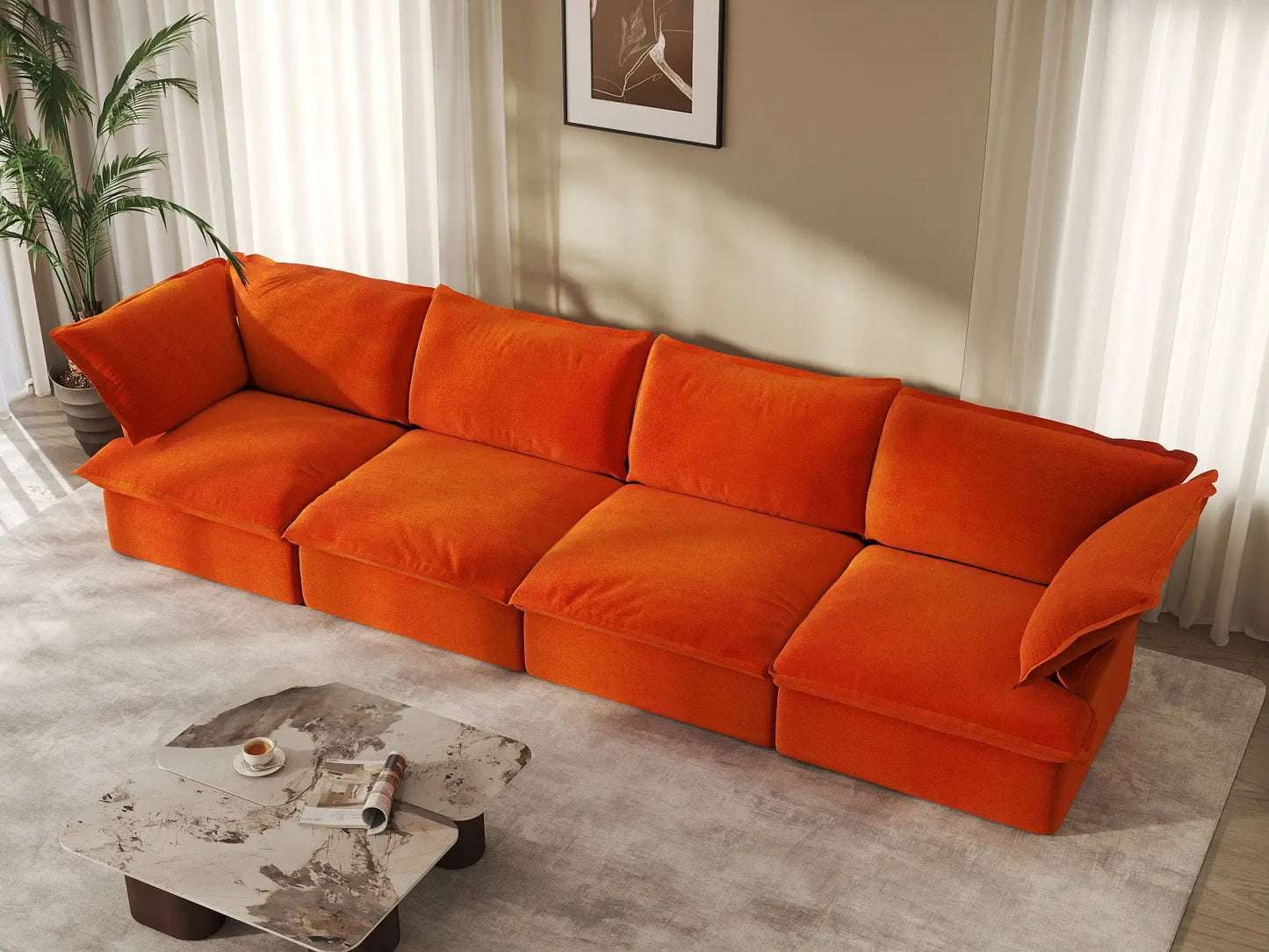 Sofá Seccional Naranja Nube de Lujo de 4 Plazas Lavable | 4 Piezas, Tela de Terciopelo, Espacio Grande