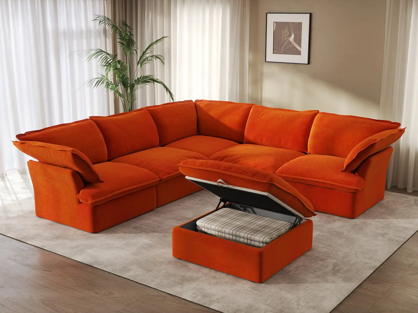Juego de sofá de 5 plazas Deluxe Cloud color naranja con almacenaje | 6 piezas (incluye 1 otomana), tela de terciopelo, fundas lavables
