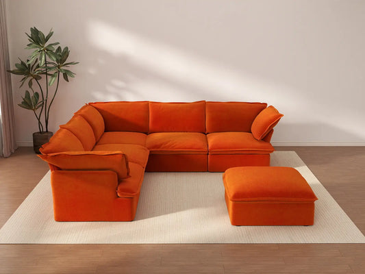 Juego de sofá de 5 plazas Deluxe Cloud color naranja con almacenaje | 6 piezas (incluye 1 otomana), tela de terciopelo, fundas lavables