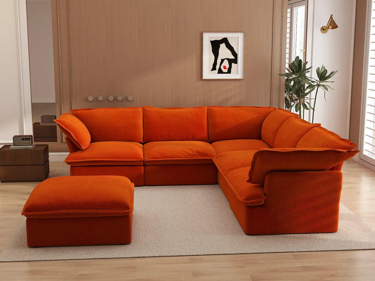Juego de sofá de 5 plazas Deluxe Cloud color naranja con almacenaje | 6 piezas (incluye 1 otomana), tela de terciopelo, fundas lavables