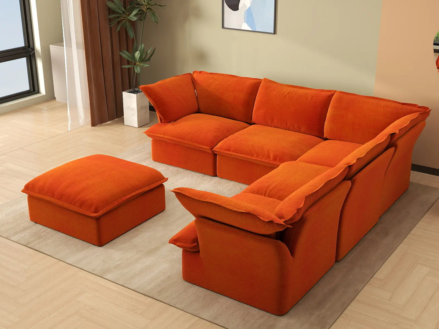 Juego de sofá de 5 plazas Deluxe Cloud color naranja con almacenaje | 6 piezas (incluye 1 otomana), tela de terciopelo, fundas lavables