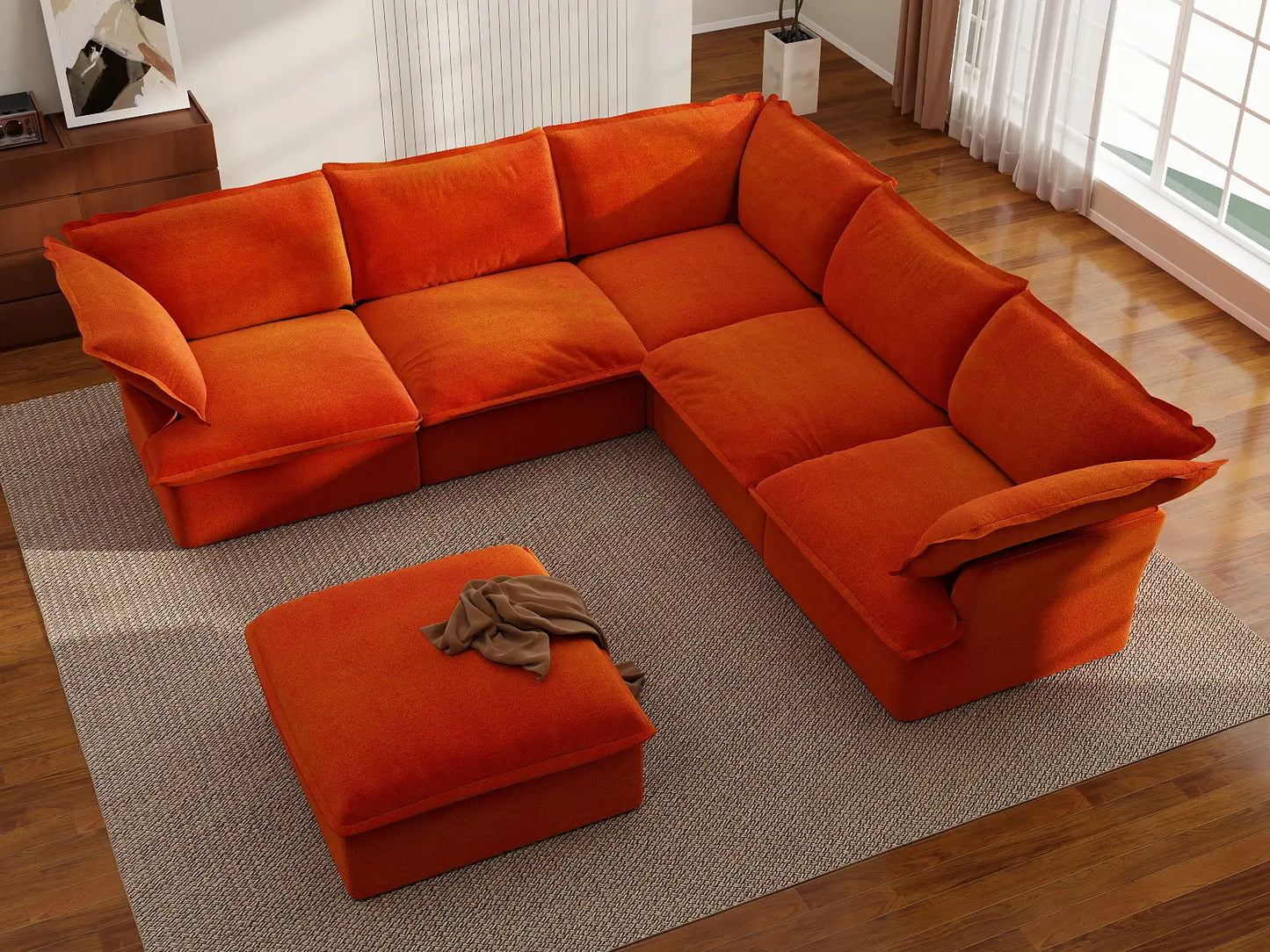 Juego de sofá de 5 plazas Deluxe Cloud color naranja con almacenaje | 6 piezas (incluye 1 otomana), tela de terciopelo, fundas lavables