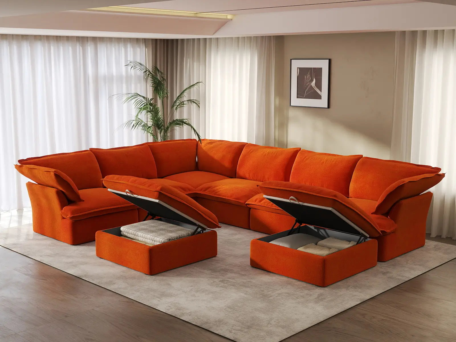 Deluxe Cloud Orange 6-Seater Sofa Set for Big Family | 8-Piece (includes 2 ottomans), Velvet Fabric, Storage Ottoman