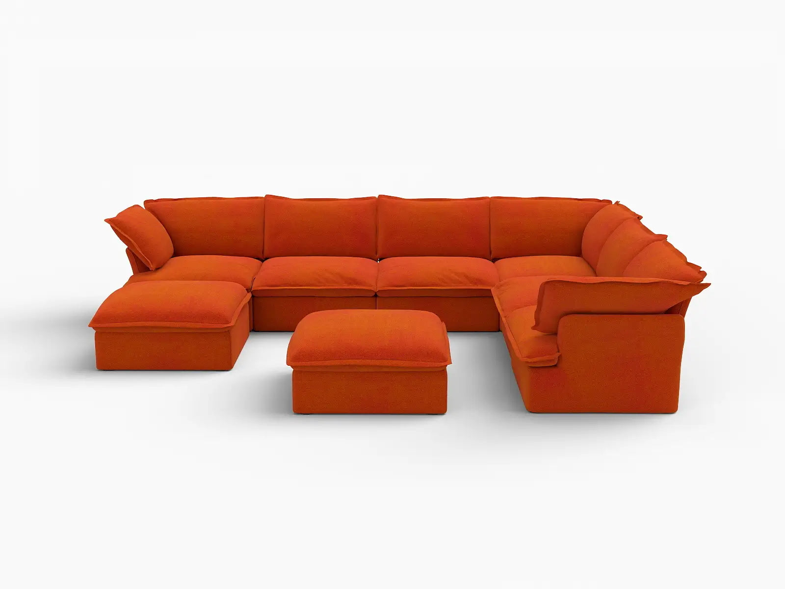 Deluxe Cloud Orange 6-Seater Sofa Set for Big Family | 8-Piece (includes 2 ottomans), Velvet Fabric, Storage Ottoman