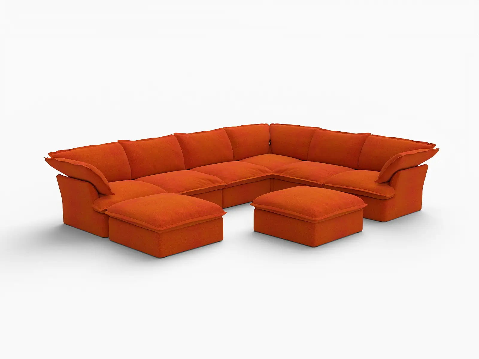 Deluxe Cloud Orange 6-Seater Sofa Set for Big Family | 8-Piece (includes 2 ottomans), Velvet Fabric, Storage Ottoman