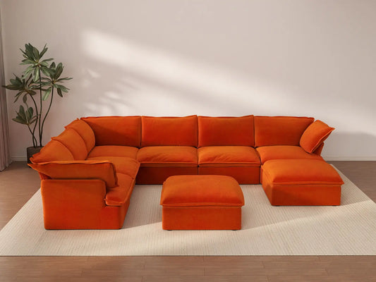 Deluxe Cloud Orange 6-Seater Sofa Set for Big Family | 8-Piece (includes 2 ottomans), Velvet Fabric, Storage Ottoman